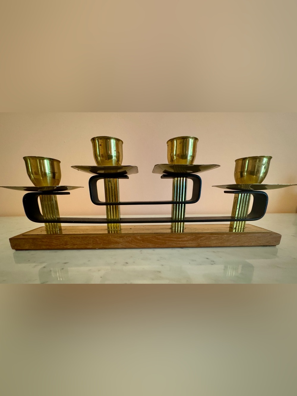 Vintage Authentic German MCM Teak, Brass 4 Candle Candelabra, Art Deco/Bauhaus